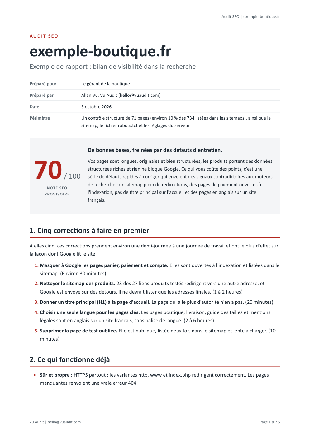 Première page d'un exemple de rapport d'audit SEO : un bloc de couverture, un encart de score provisoire, les cinq corrections à faire en premier et le début de ce qui fonctionne déjà
